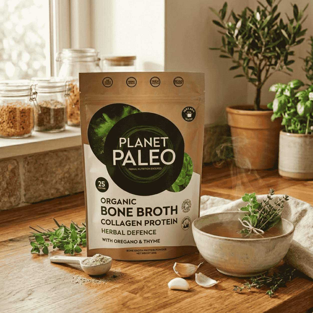 Balení bylinného hovězího kostního vývaru Planet Paleo vedle hrnku připraveného vývaru a čerstvých bylinek.